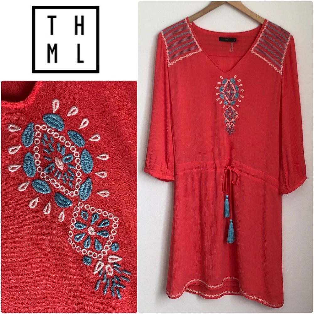 THML Embroidered Tassel Drawstring dress